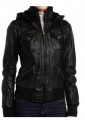 Women's Lambskin Detachable Hooded Leather Bomber Jacket