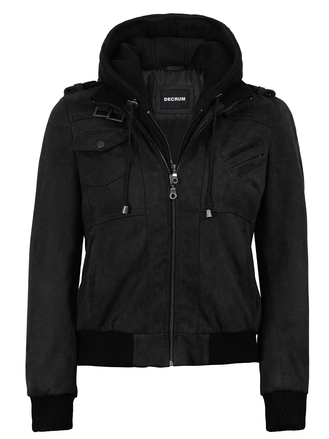 Women's Black Faux Suede Hooded Bomber Jacket - Image 7