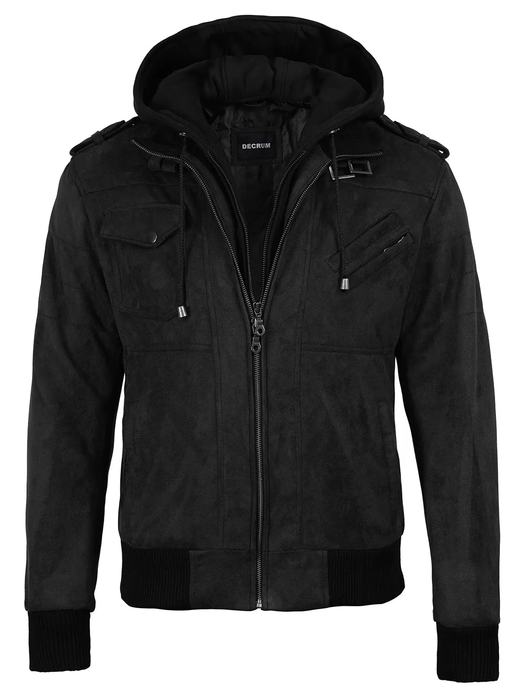 Men's Black Faux Suede Hooded Bomber Jacket - Image 5