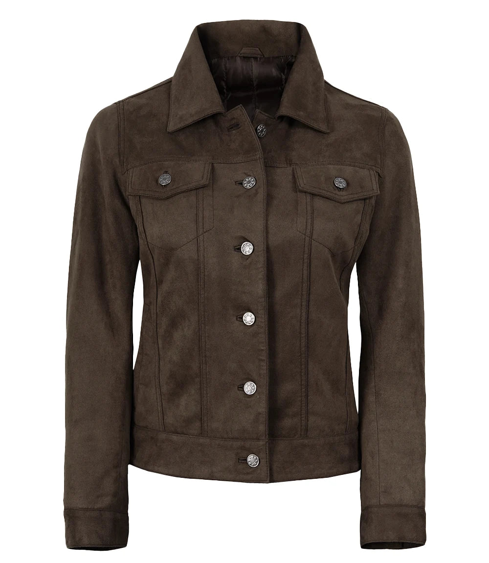 Women's Dark Brown Faux Suede Trucker Jacket - Image 4