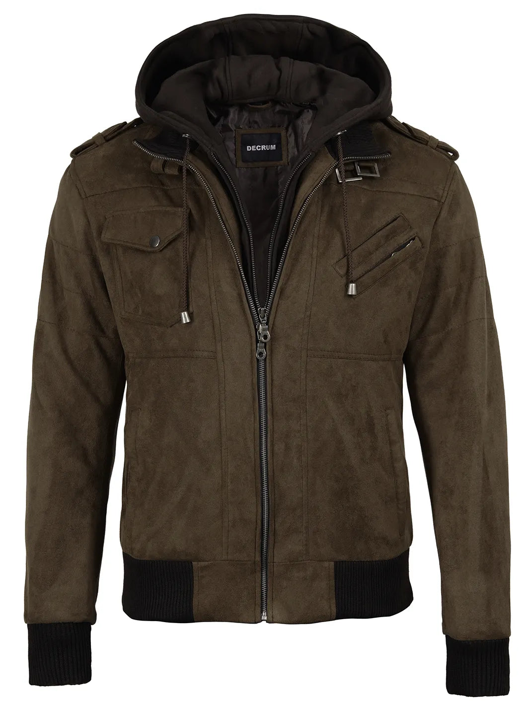 Men's Dark Brown Faux Suede Hooded Bomber Jacket - Image 5