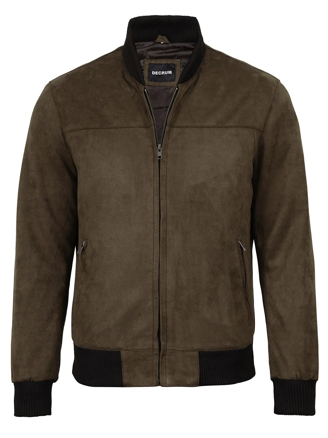 Men's Dark Brown Faux Suede Bomber Jacket - Image 4