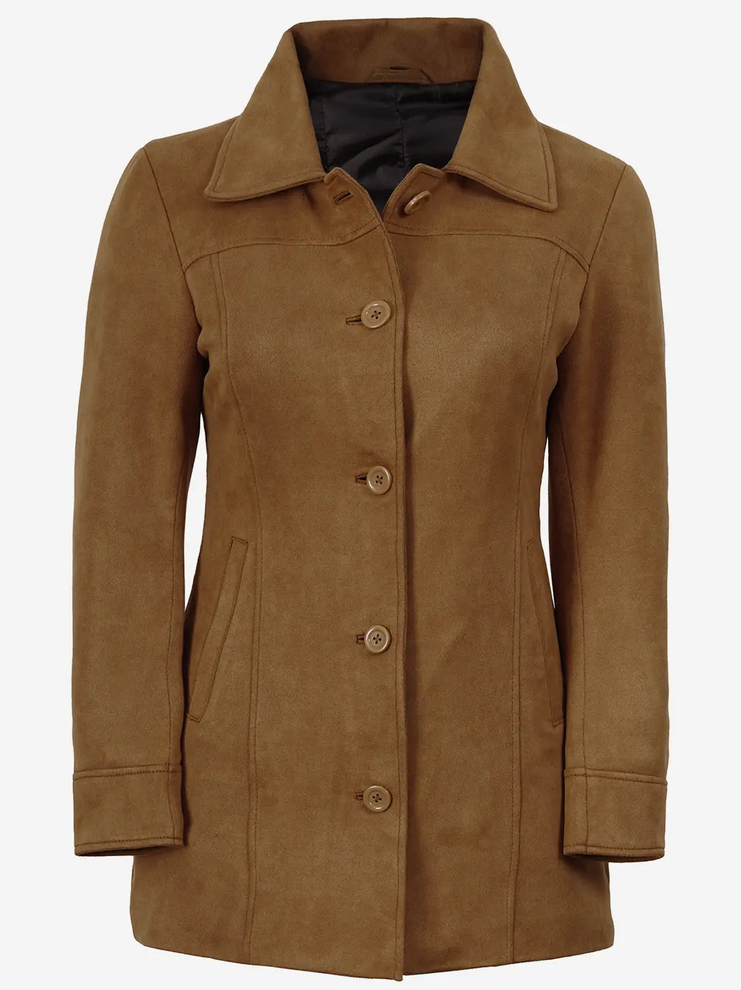 Women's 3/4 Length Light Brown Faux Suede Coat — Button Front - Image 4