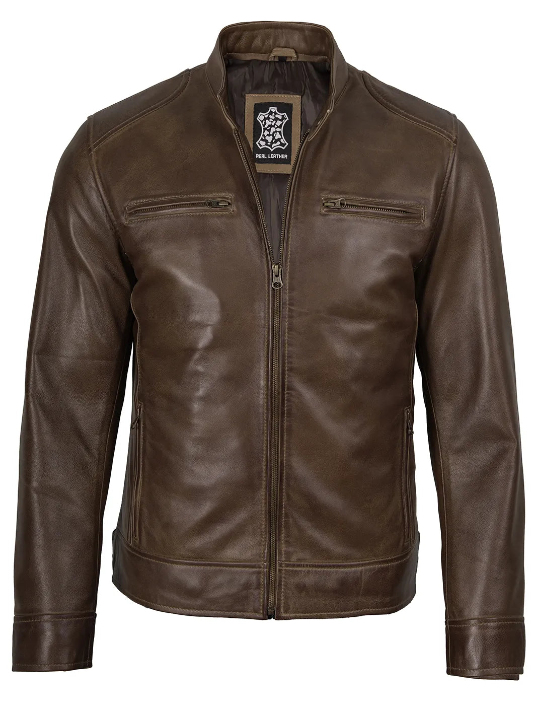 Men's Coffee Brown Waxed Lambskin Cafe Racer Jacket - Image 4
