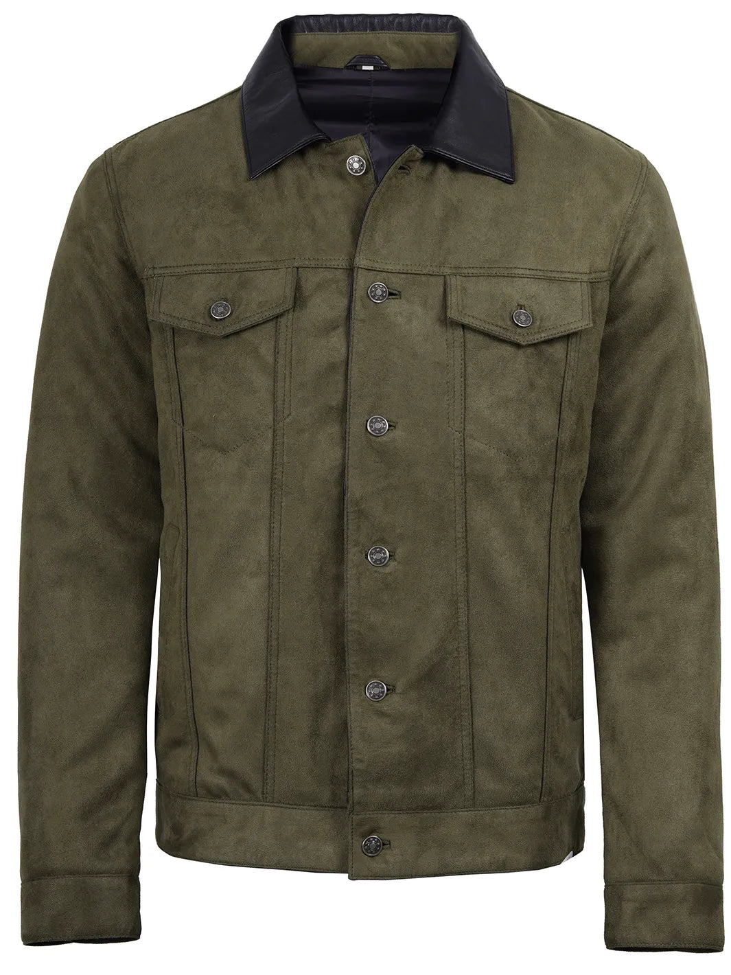 Men's Olive Green Faux Suede Trucker Jacket - Image 3