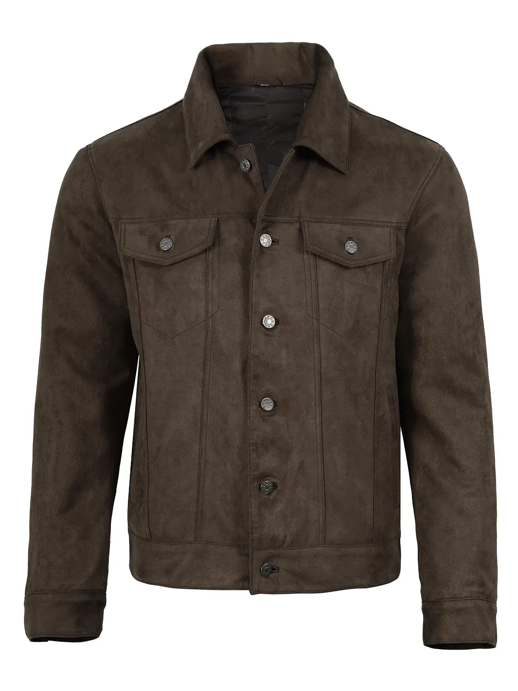 Men's Dark Brown Faux Suede Trucker Jacket - Image 4