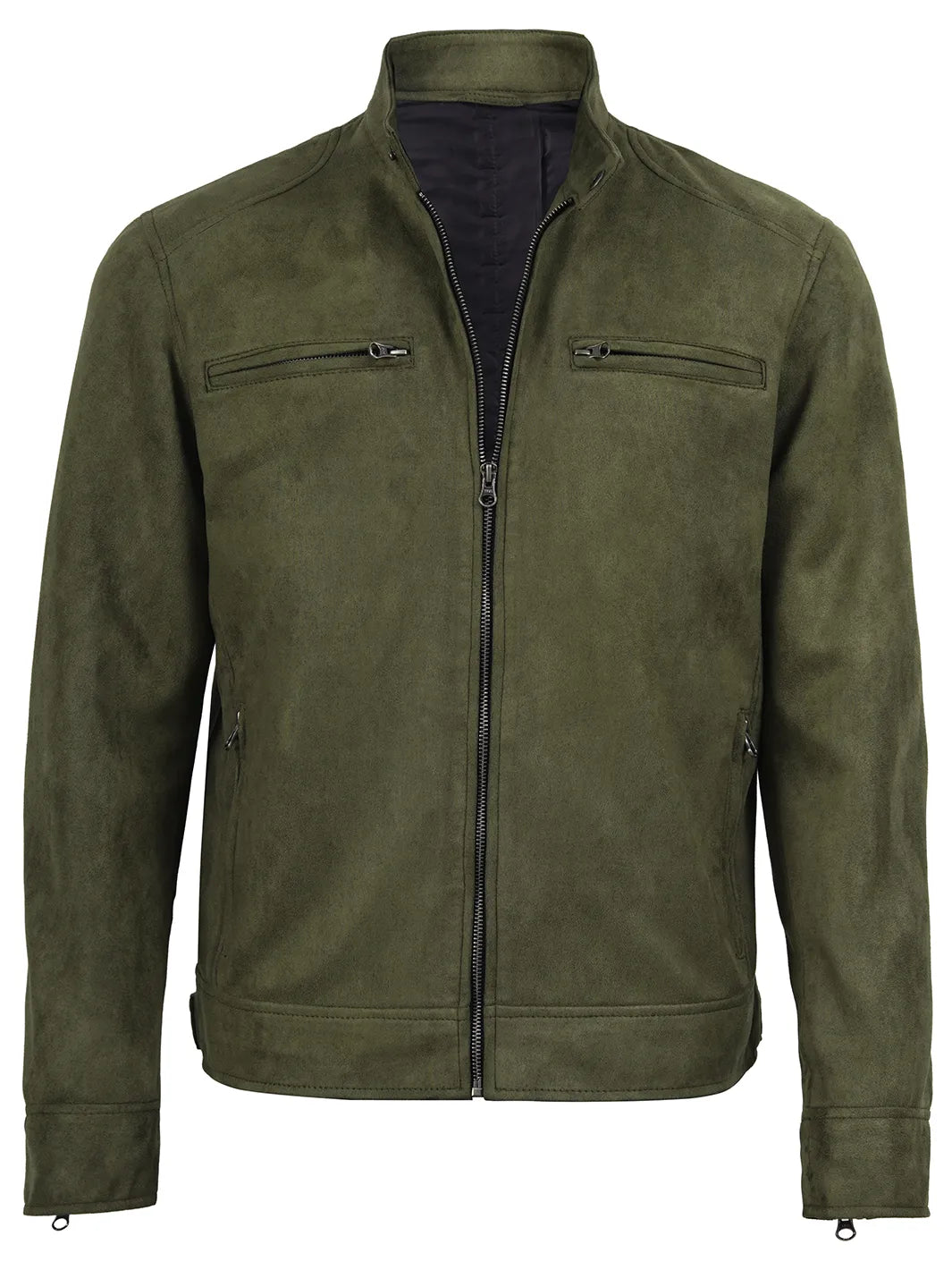 Men's Olive Green Faux Suede Cafe Racer Jacket - Image 4
