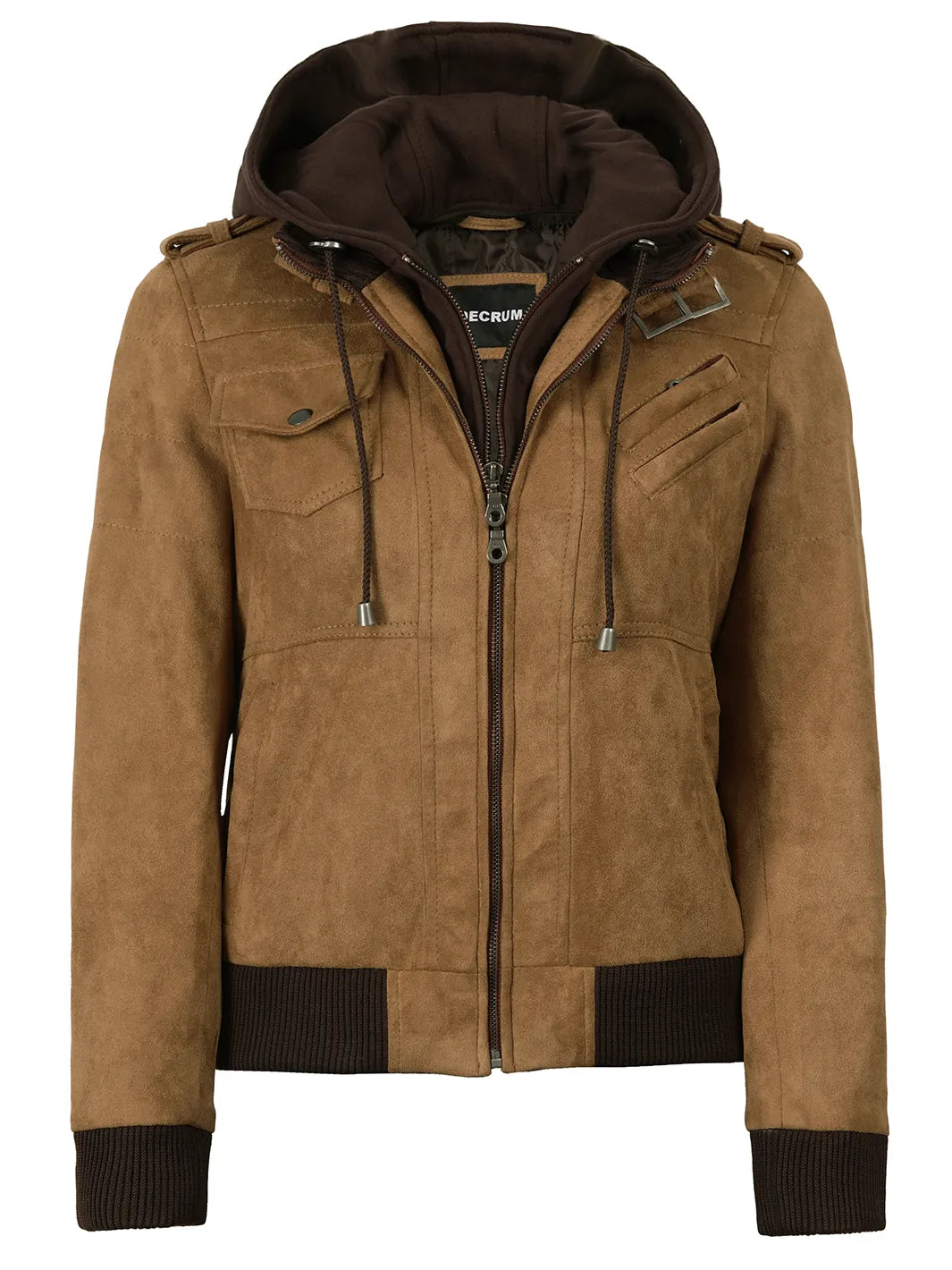 Women's Light Brown Faux Suede Hooded Bomber Jacket - Image 6