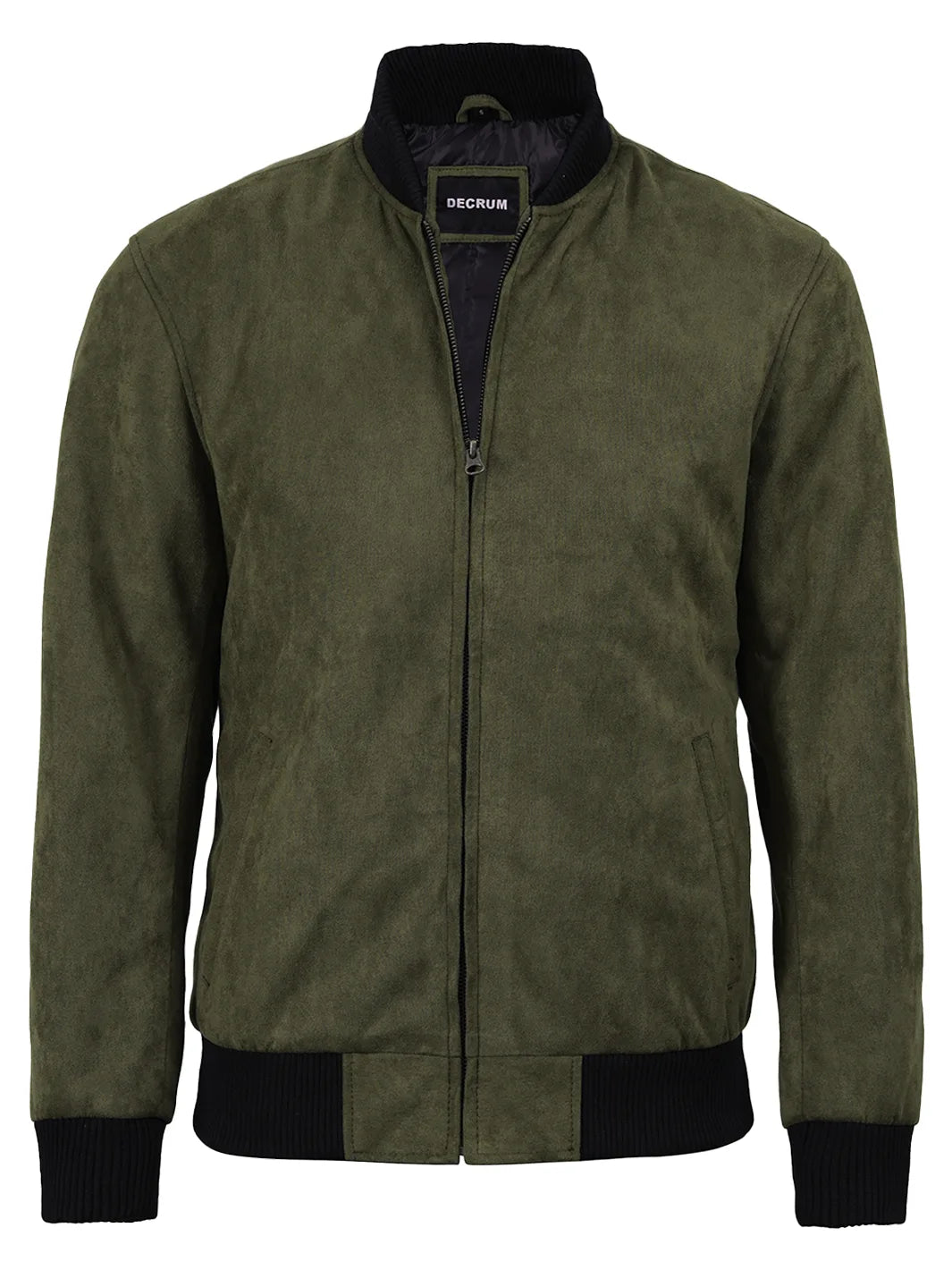 Men's Olive Green Faux Suede Bomber Jacket - Image 4