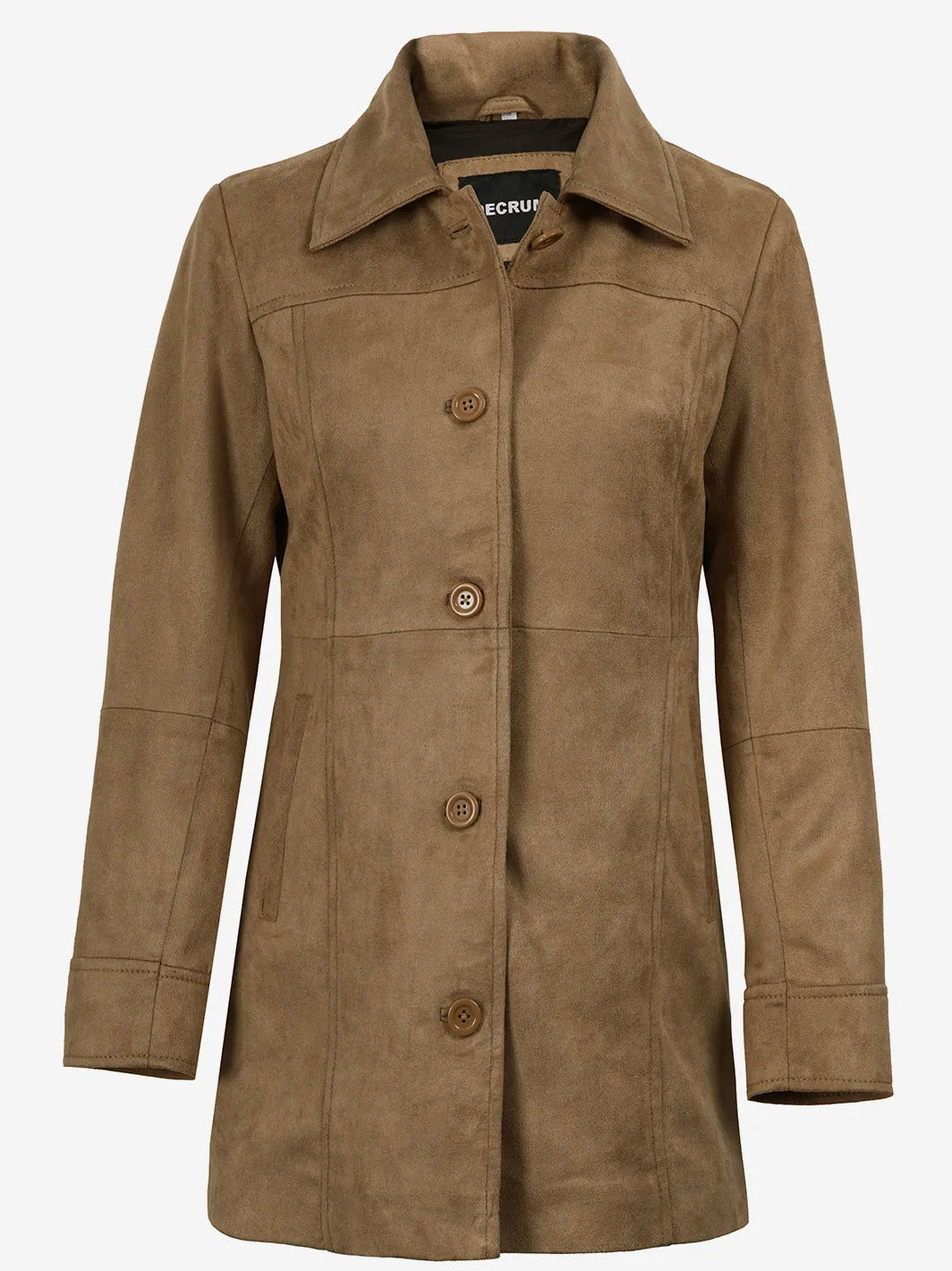 Women's 3/4 Length Camel Brown Faux Suede Coat — Button Front - Image 4