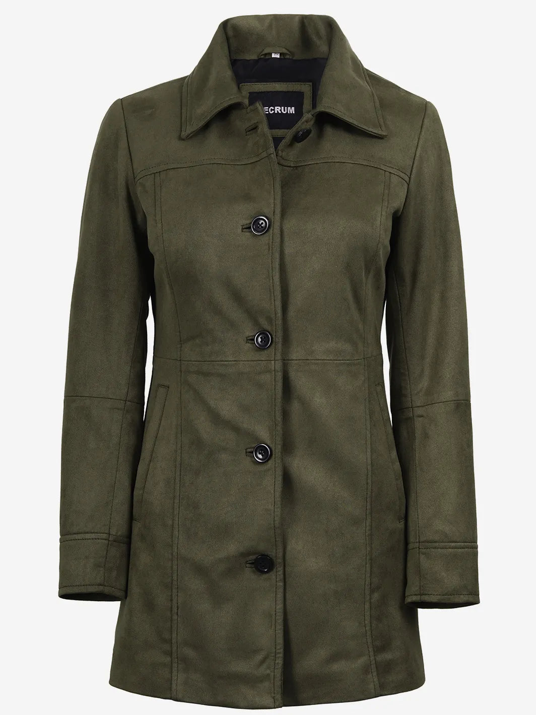 Women's 3/4 Length Olive Green Faux Suede Coat — Button Front - Image 4