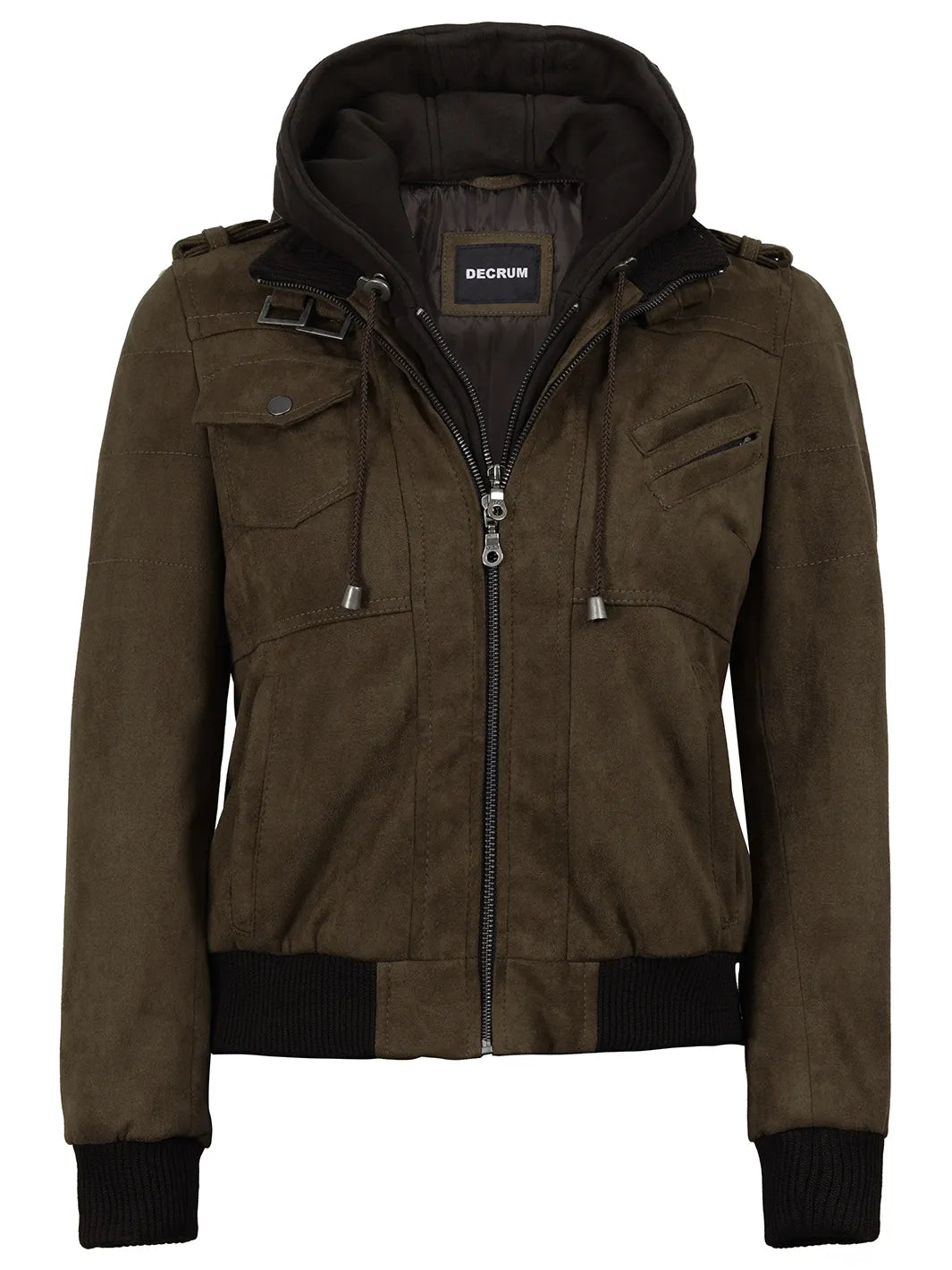 Women's Dark Brown Faux Suede Hooded Bomber Jacket - Image 5