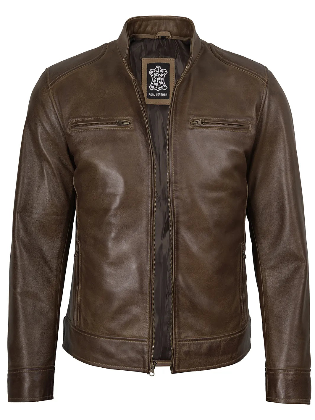 Men's Coffee Brown Waxed Lambskin Cafe Racer Jacket - Image 3