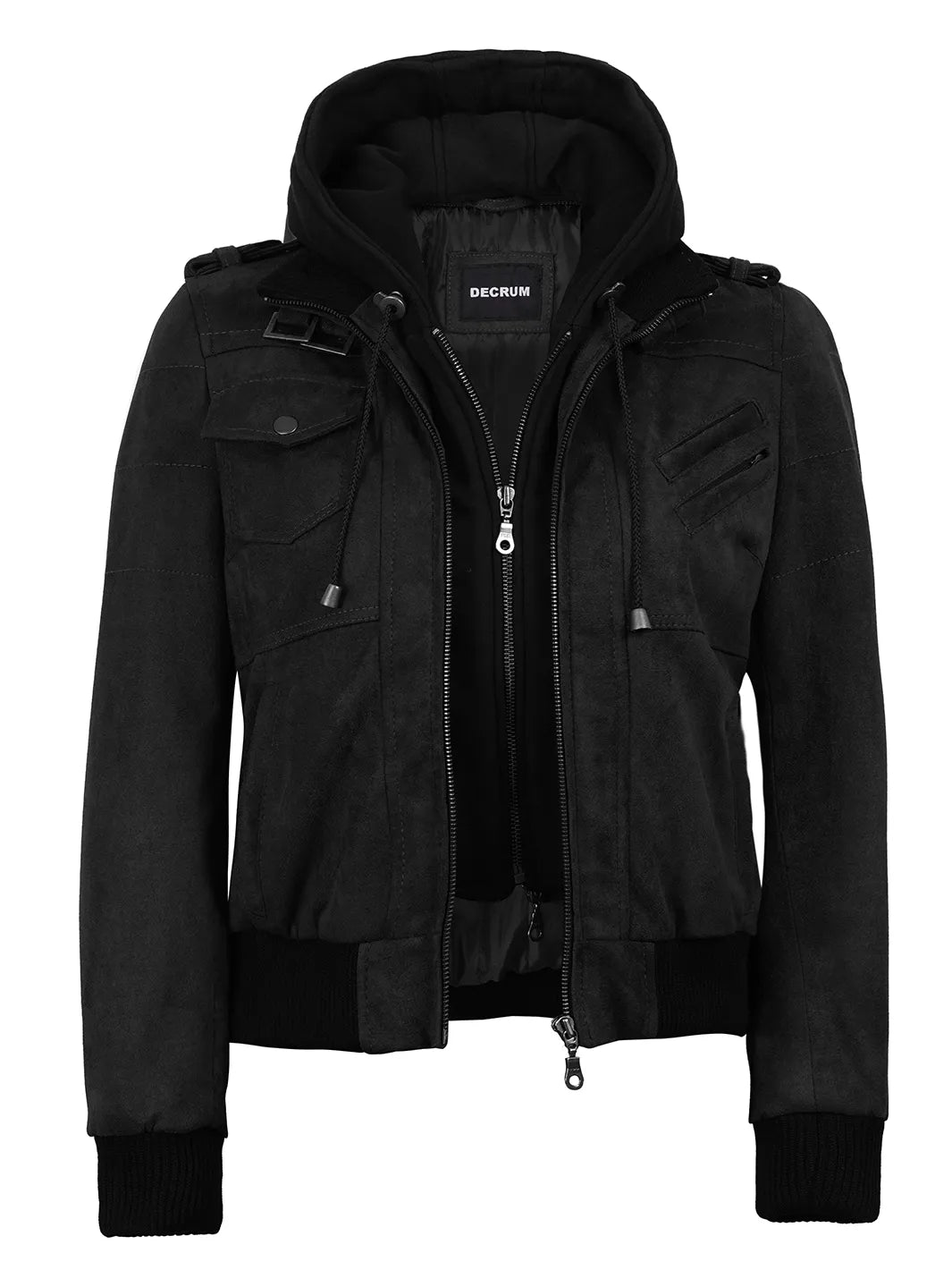Women's Black Faux Suede Hooded Bomber Jacket - Image 5