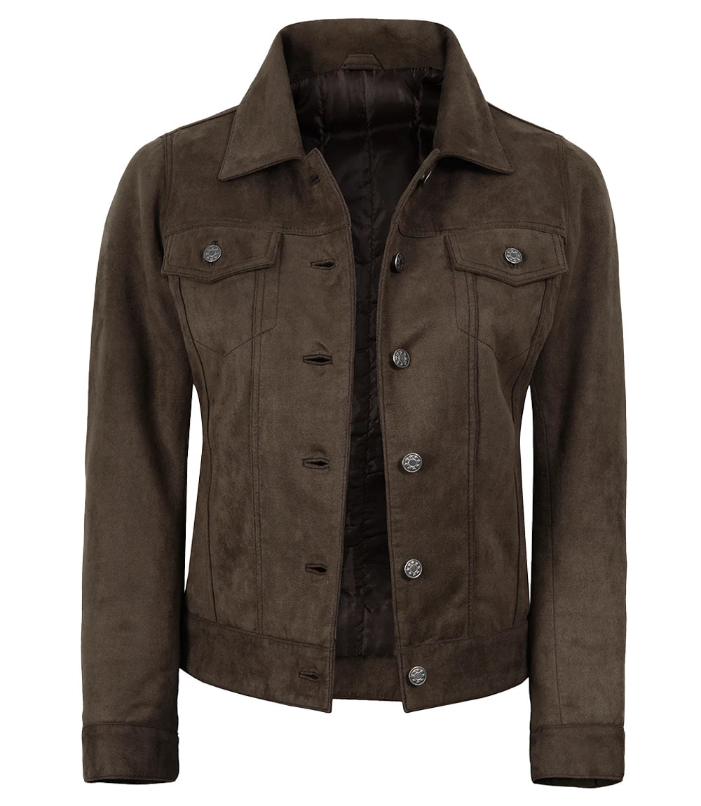 Women's Dark Brown Faux Suede Trucker Jacket - Image 3