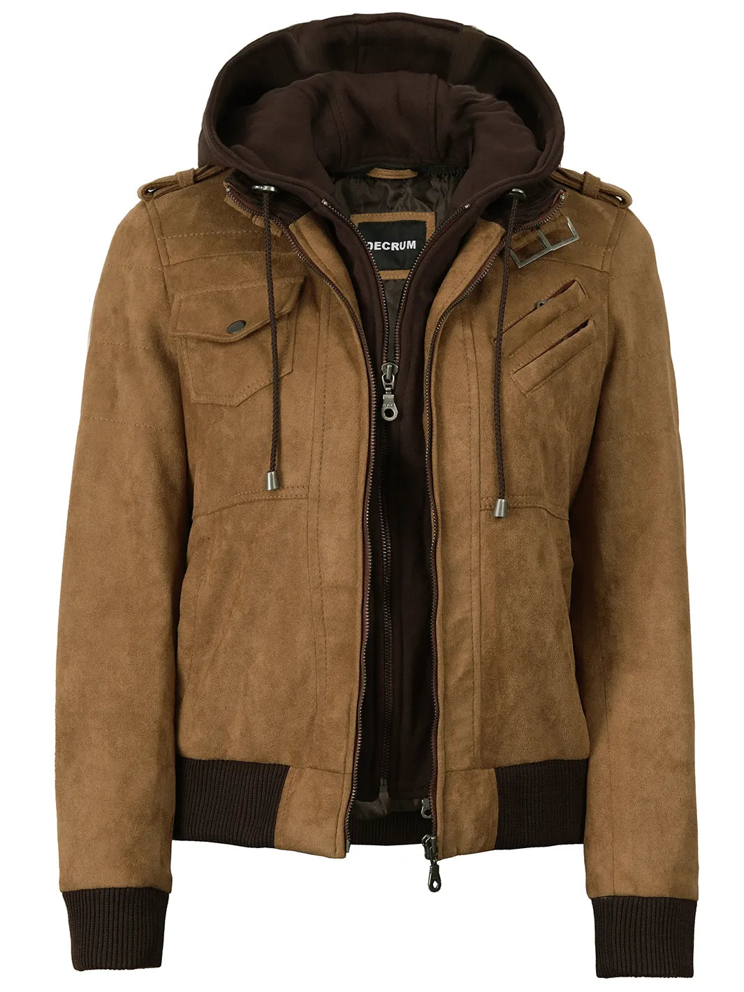 Women's Light Brown Faux Suede Hooded Bomber Jacket - Image 5