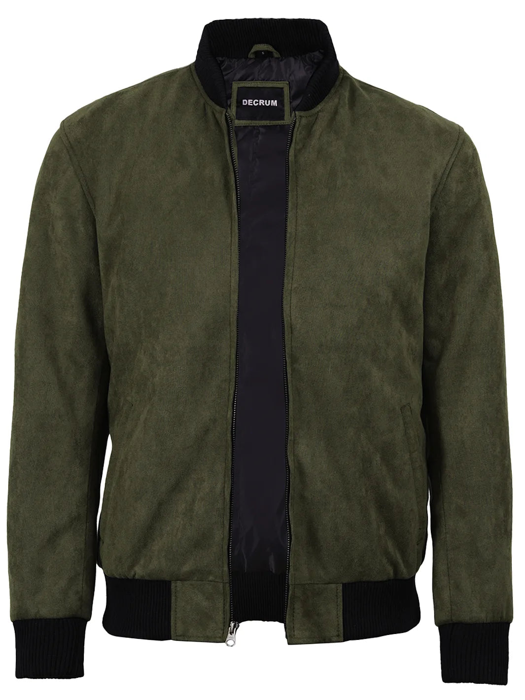 Men's Olive Green Faux Suede Bomber Jacket - Image 3