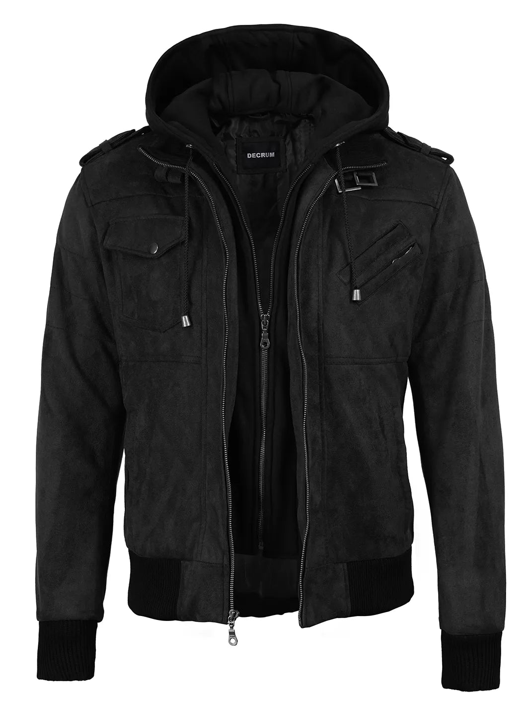 Men's Black Faux Suede Hooded Bomber Jacket - Image 7