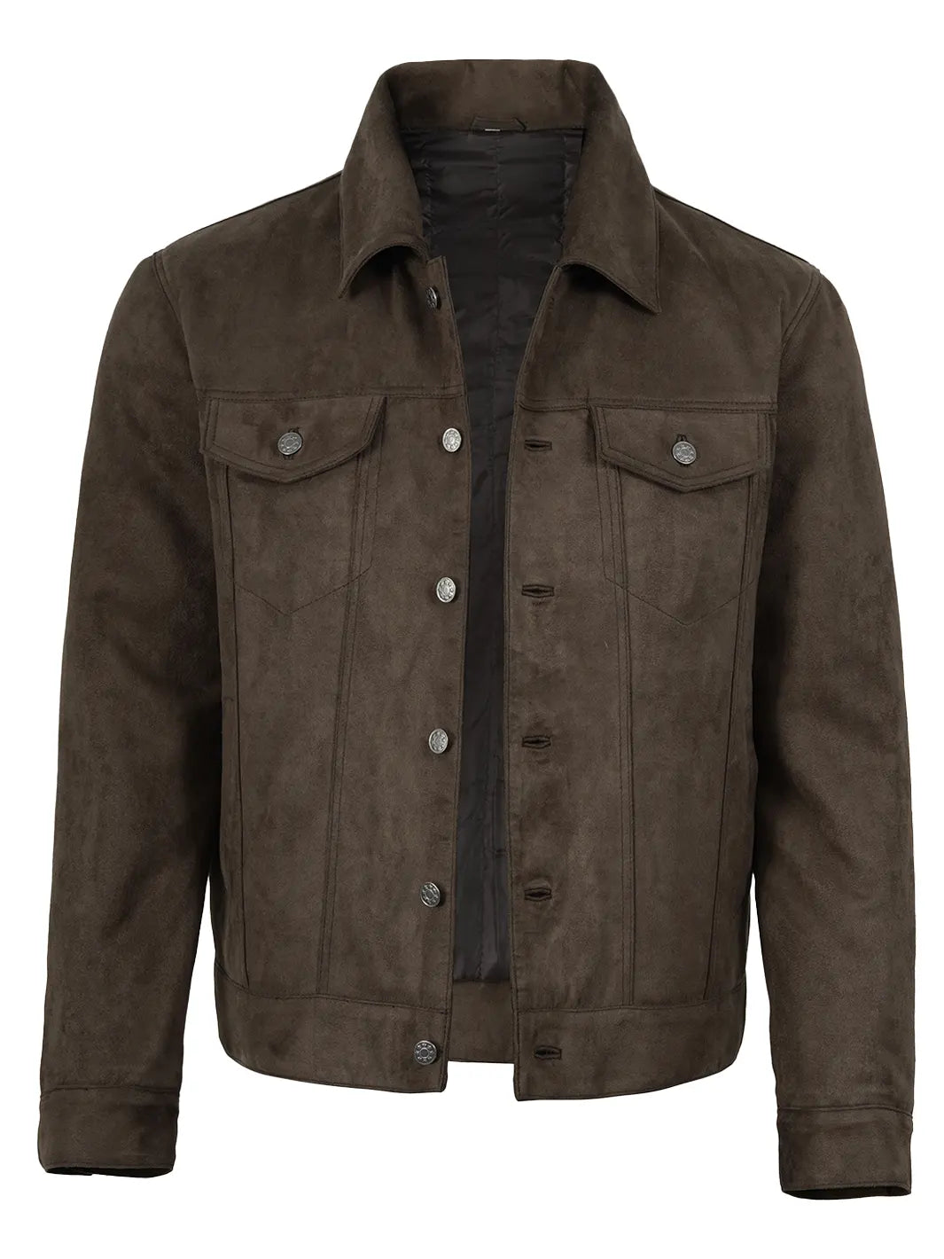 Men's Dark Brown Faux Suede Trucker Jacket - Image 3