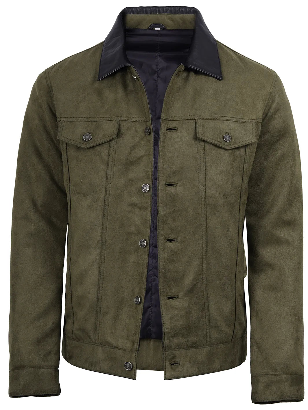 Men's Olive Green Faux Suede Trucker Jacket - Image 4