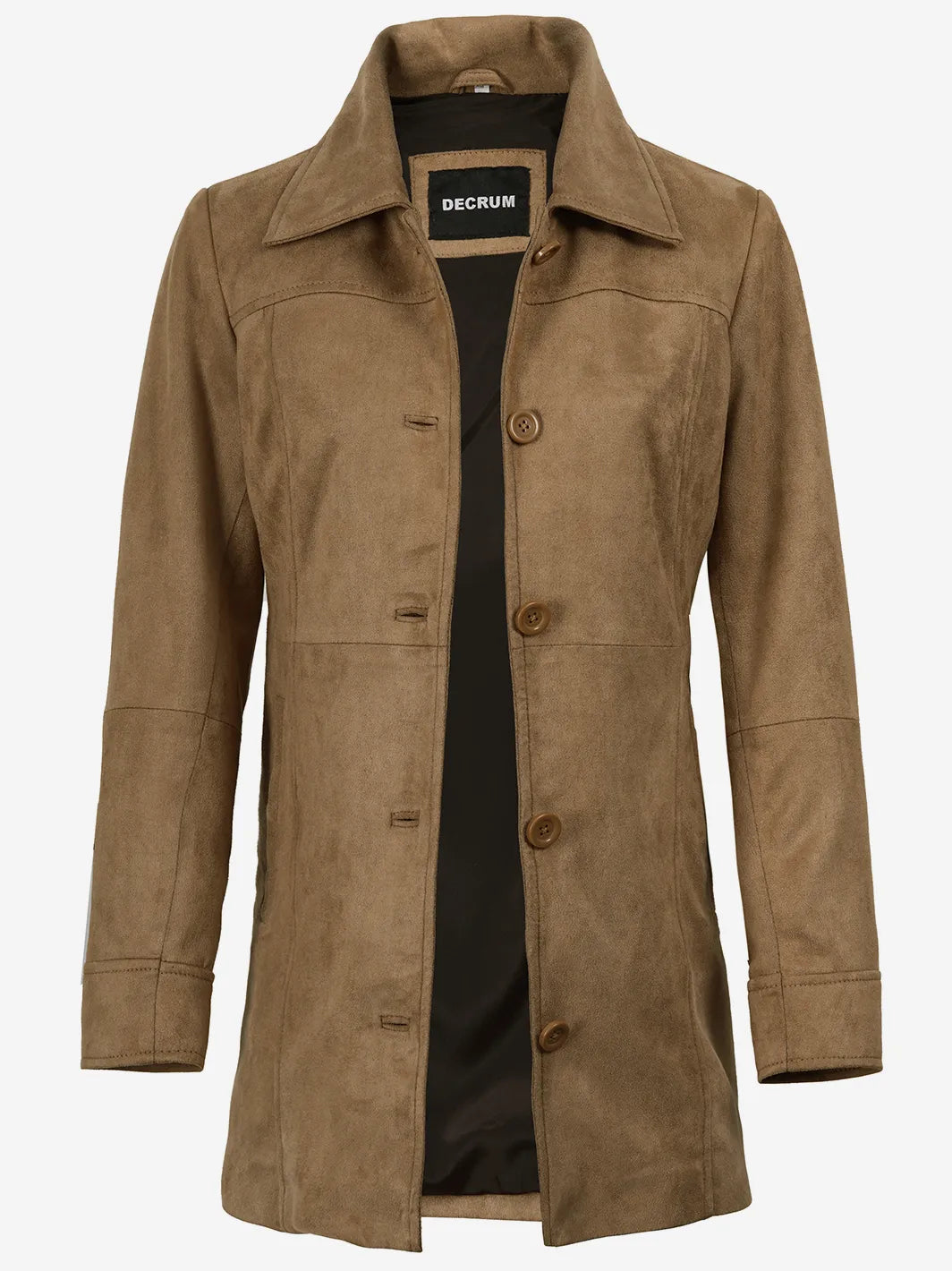 Women's 3/4 Length Camel Brown Faux Suede Coat — Button Front - Image 3