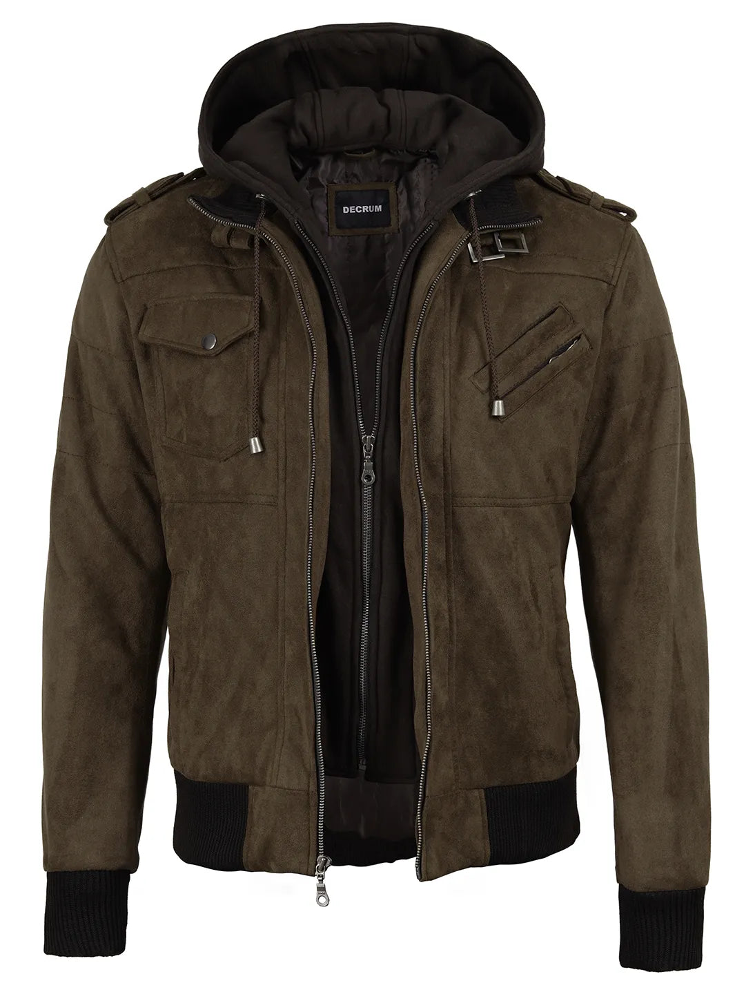 Men's Dark Brown Faux Suede Hooded Bomber Jacket - Image 4