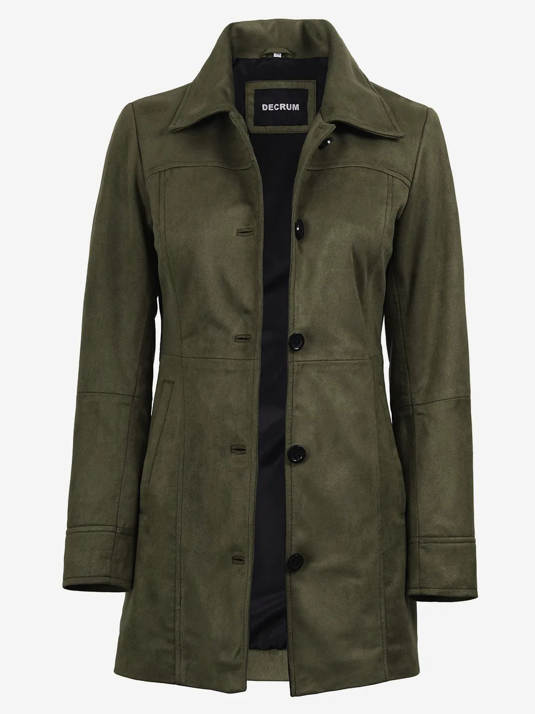 Women's 3/4 Length Olive Green Faux Suede Coat — Button Front - Image 3