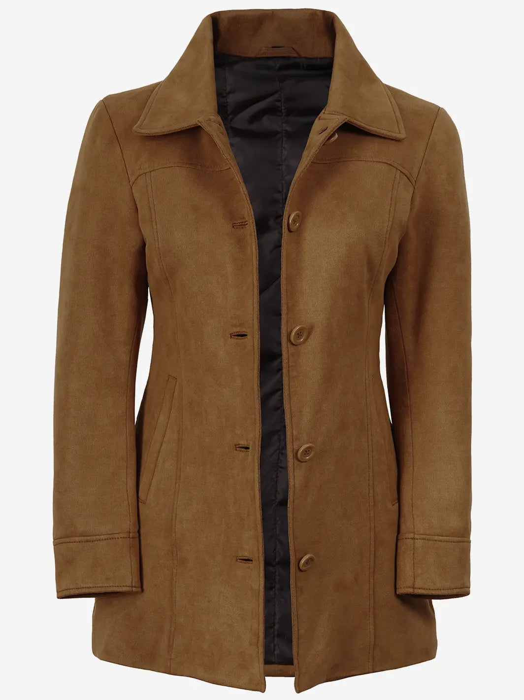 Women's 3/4 Length Light Brown Faux Suede Coat — Button Front - Image 3