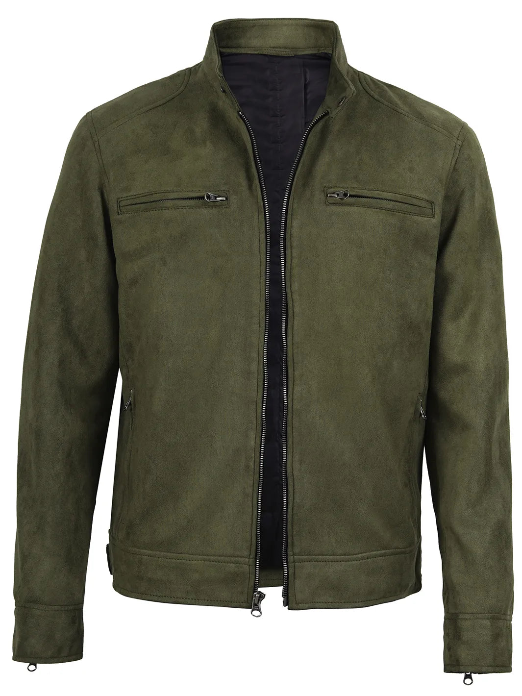 Men's Olive Green Faux Suede Cafe Racer Jacket - Image 3