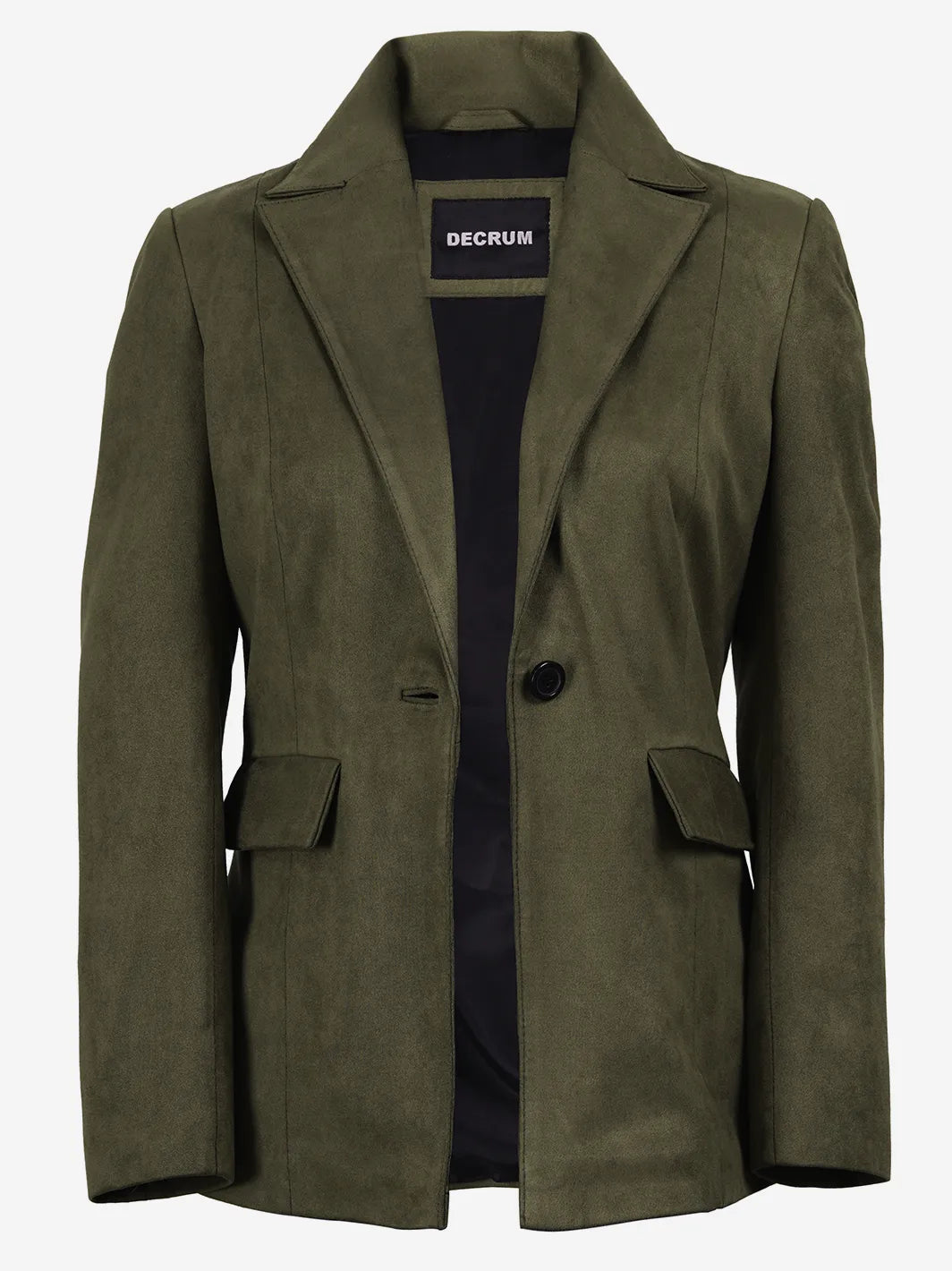 Women's Olive Green Faux Suede Notch Lapel Blazer - Image 3