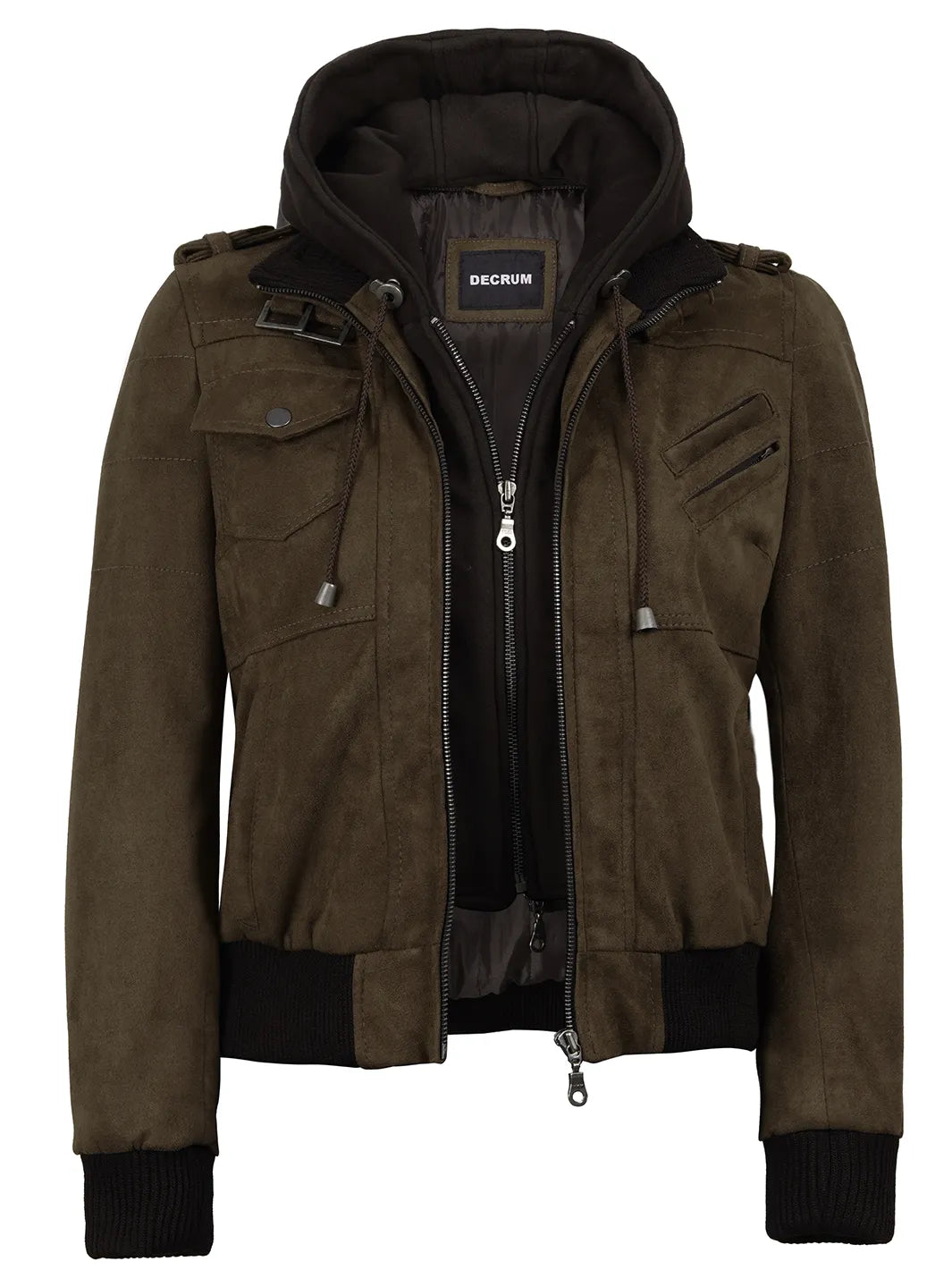 Women's Dark Brown Faux Suede Hooded Bomber Jacket - Image 7