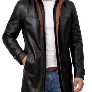 Men's Wide Lapel Black Lambskin 3/4 Length Leather Jacket