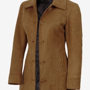 Women's 3/4 Length Light Brown Faux Suede Coat — Button Front