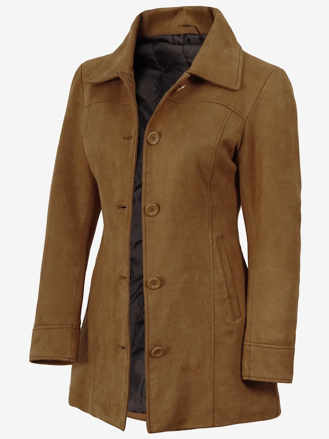 Women's 3/4 Length Light Brown Faux Suede Coat — Button Front