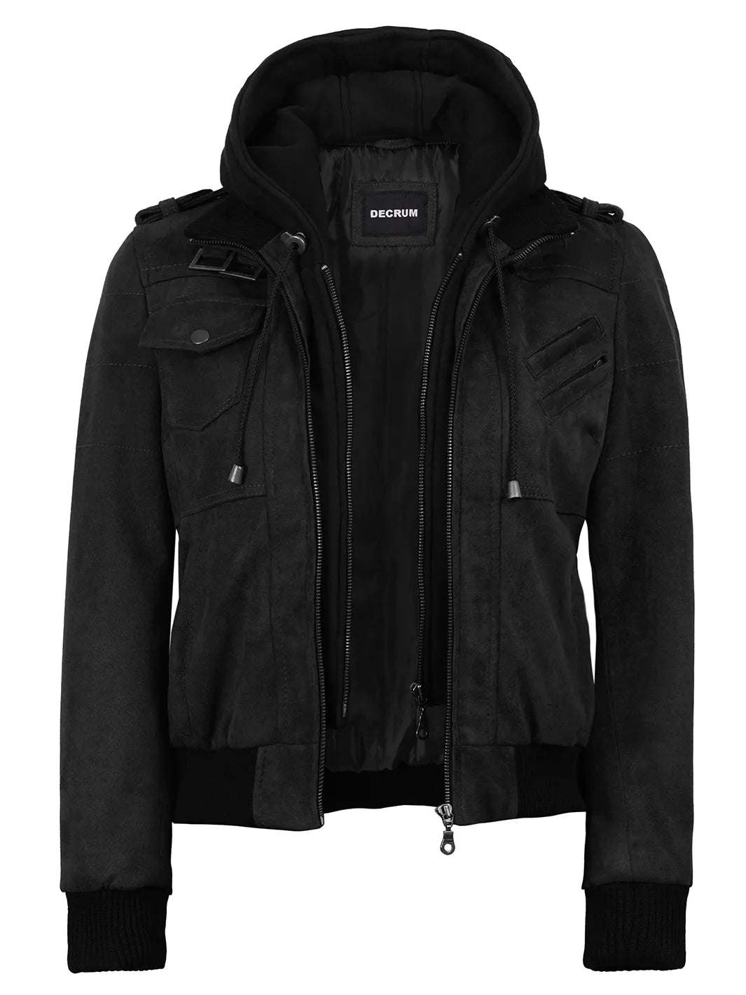 Women's Black Faux Suede Hooded Bomber Jacket - Image 4