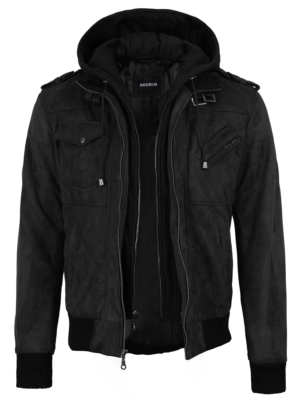 Men's Black Faux Suede Hooded Bomber Jacket - Image 4