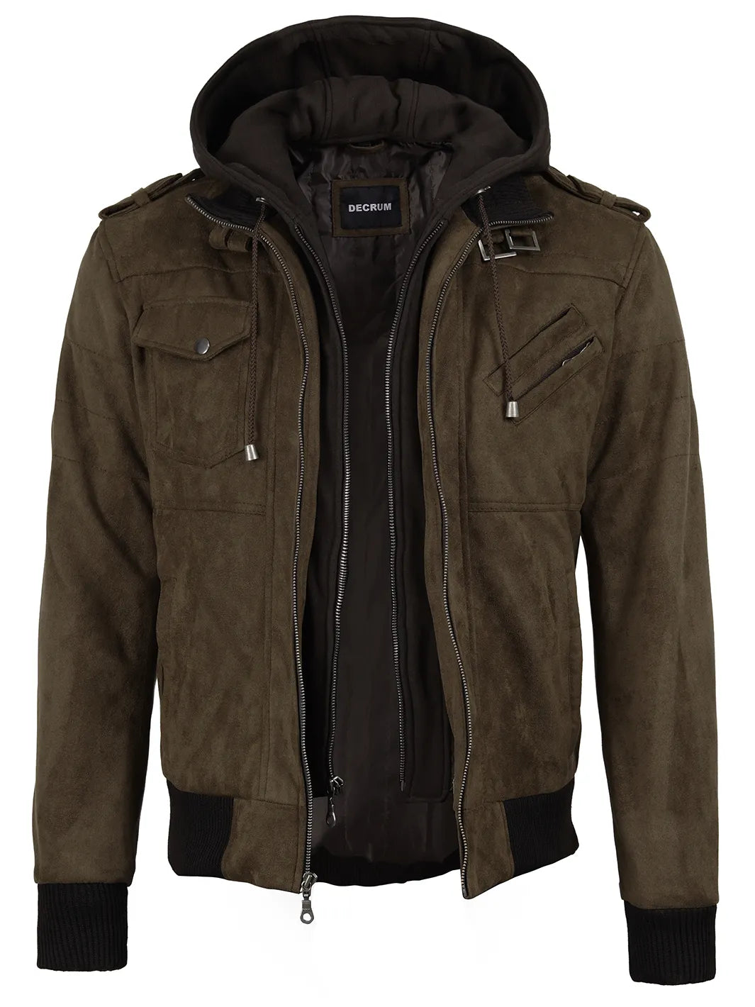 Men's Dark Brown Faux Suede Hooded Bomber Jacket - Image 7