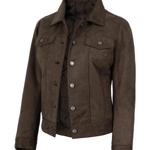 Women's Dark Brown Faux Suede Trucker Jacket