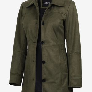 Women's 3/4 Length Olive Green Faux Suede Coat — Button Front