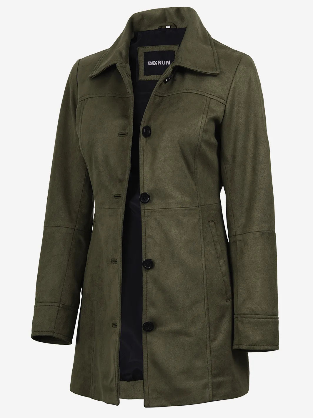 Women's 3/4 Length Olive Green Faux Suede Coat — Button Front