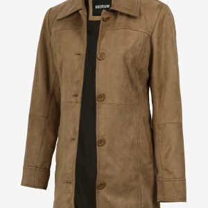 Women's 3/4 Length Camel Brown Faux Suede Coat — Button Front
