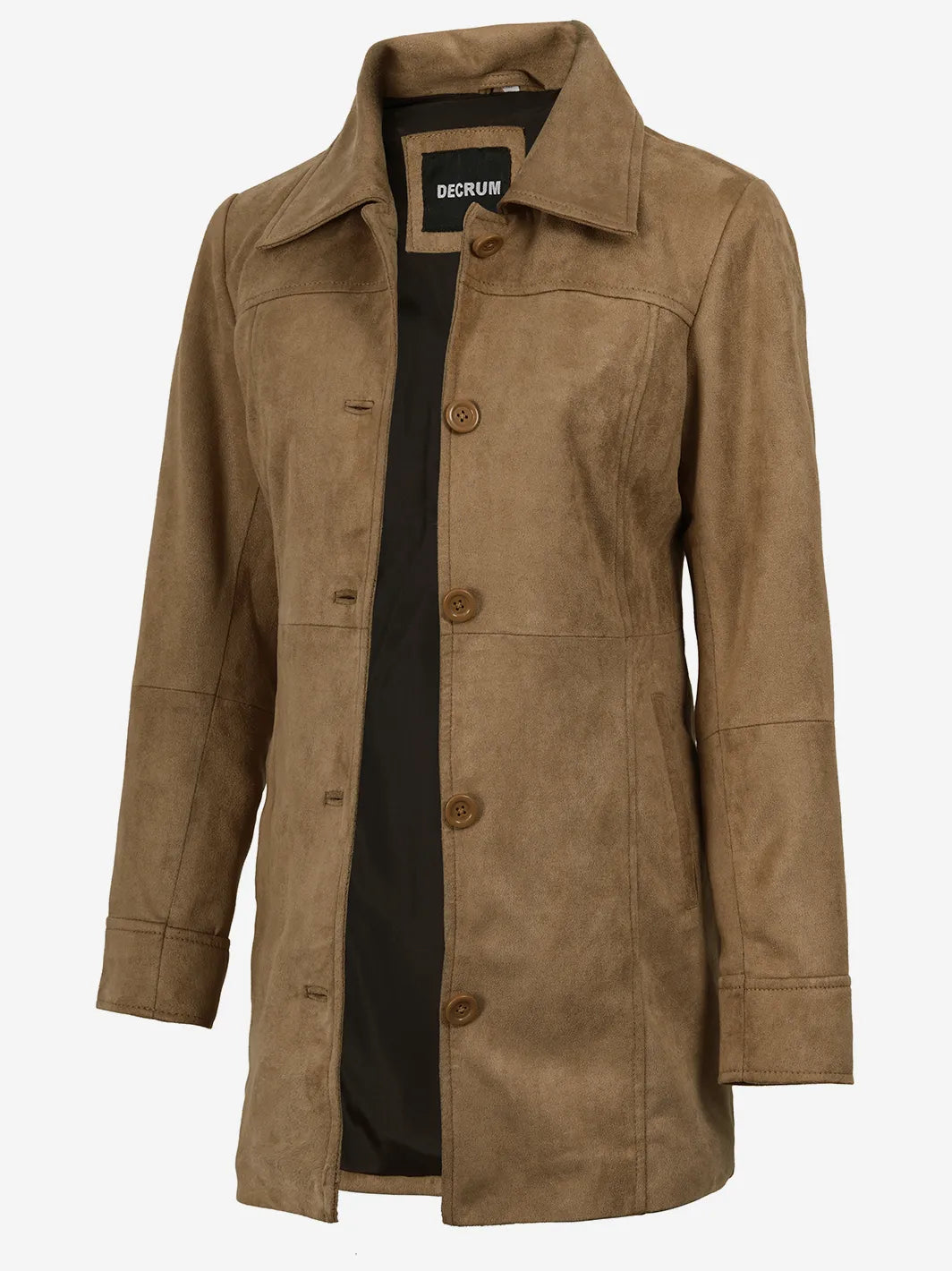 Women's 3/4 Length Camel Brown Faux Suede Coat — Button Front
