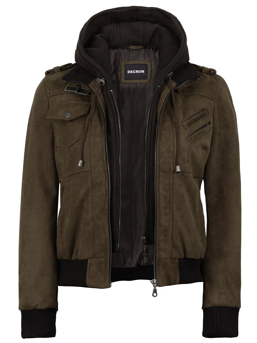 Women's Dark Brown Faux Suede Hooded Bomber Jacket - Image 4