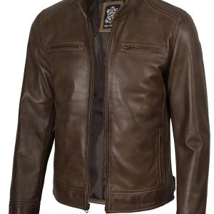 Men's Coffee Brown Waxed Lambskin Cafe Racer Jacket