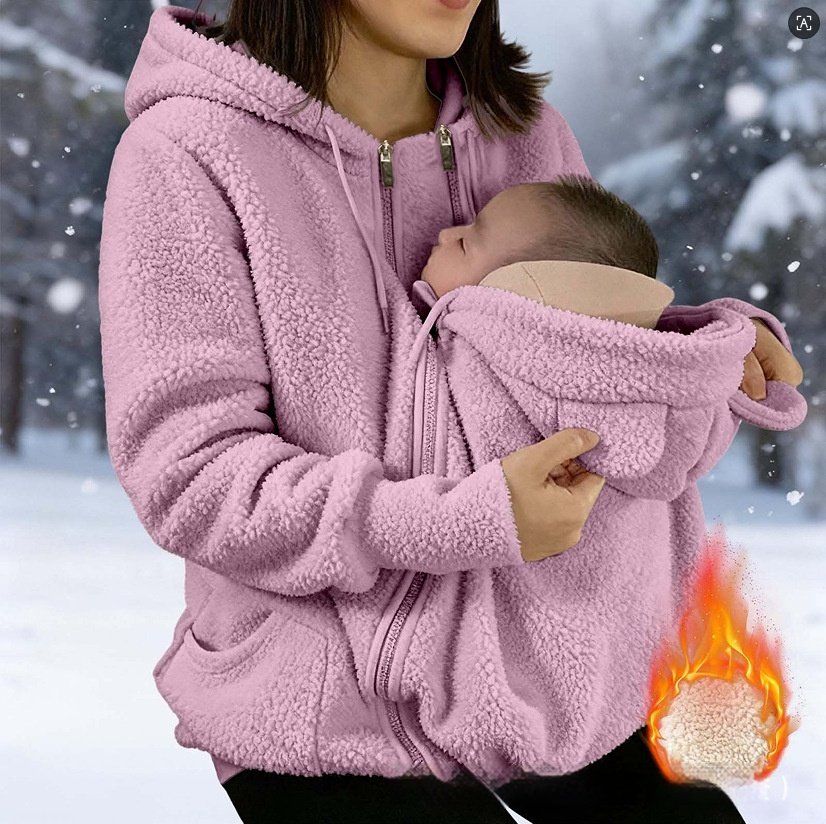 Corduroy Hooded Sweatshirt With Baby-pocket Women's Thickened Zip-up Jacket For Parent-Child Matching Outfits - Image 2