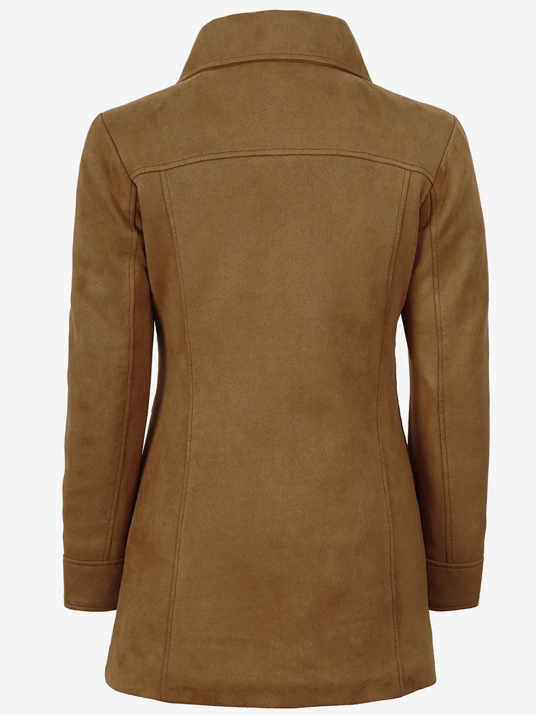 Women's 3/4 Length Light Brown Faux Suede Coat — Button Front - Image 2