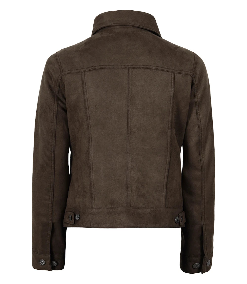 Women's Dark Brown Faux Suede Trucker Jacket - Image 2