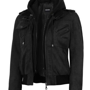Women's Black Faux Suede Hooded Bomber Jacket