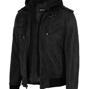 Men's Black Faux Suede Hooded Bomber Jacket