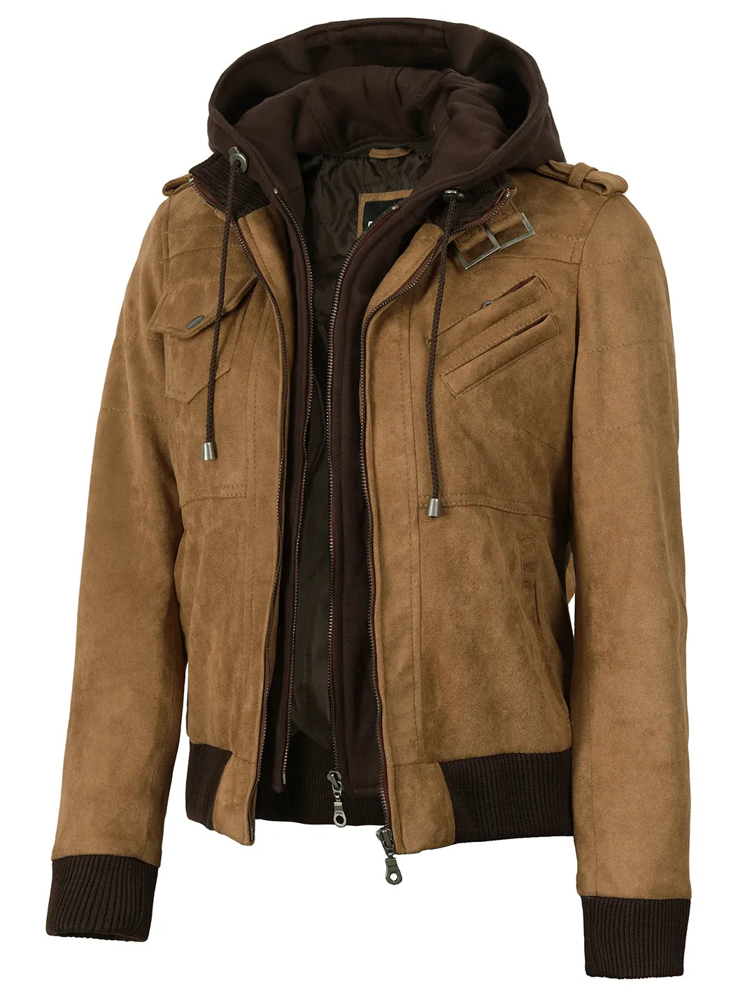 Women's Light Brown Faux Suede Hooded Bomber Jacket